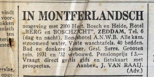 Advertentie van hotel-pension Berg en Boschzicht.
