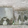 Gebroken grafsteen van abdis Maria Eugenia tegen de kerkmuur in Hoog-Elten. Foto Helka Julkunen