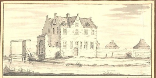Huis Hassent door Jacobus Stellingwerff in 1720 gekopieerd van oudere tekeningen van Diederick Tiellemans en Maximilliaen de Raet